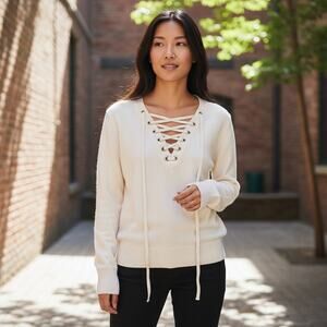 The Kooples Merino Wool Lace Up Sweater Cream Knit Top XS Minimalist Paris